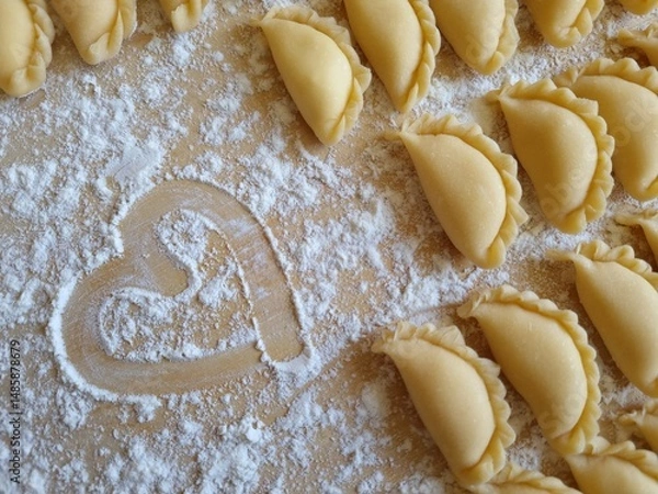 Obraz A floured board with dumplings and a hand drawn heart. Food background
