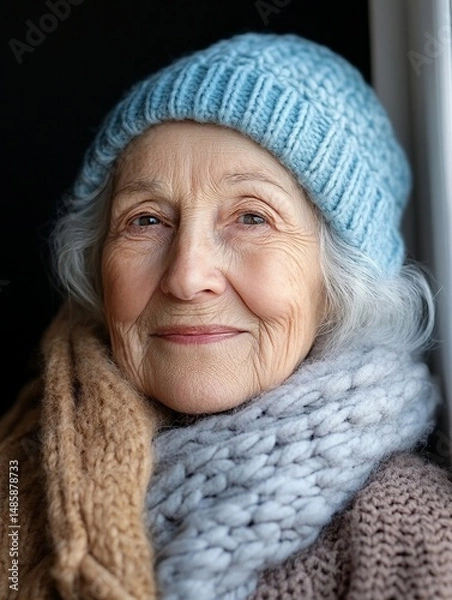 Obraz Close-up of an elderly woman smiling softly, wrinkles detailed, warm nostalgic feel 