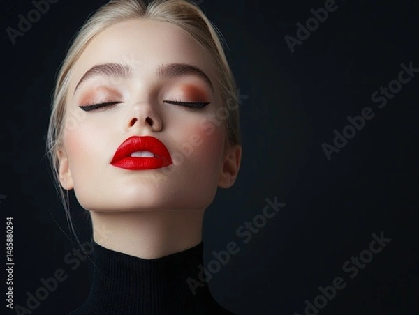 Obraz Female model with glossy red lips and dramatic eyeliner, dark background, high contrast 