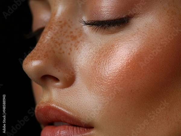 Obraz Close-up of cheek with shimmering highlight and soft blush, skincare concept