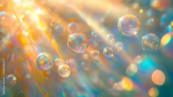 Fototapeta Iridescent spheres floating amidst golden light rays, creating a magical bokeh effect