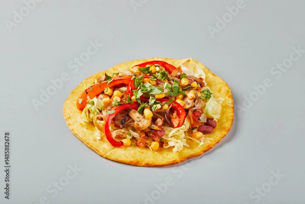 Fototapeta Fajitas in tortilla with chicken, cheese, bell pepper, corn and lettuce