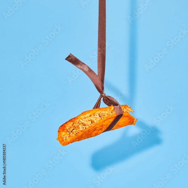 Fototapeta Tacos on corn tortillas with filling of beef, chicken, cheese and vegetables tied with satin ribbon hanging on colorful background
