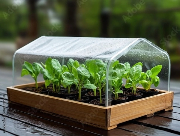 Obraz Mini greenhouse with young plants growing under condensation 