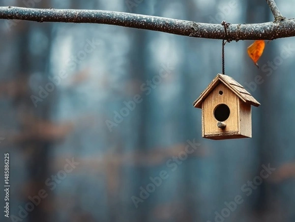 Obraz Decorative birdhouse hanging from tree branch, soft focus 