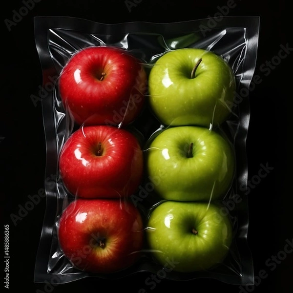 Fototapeta Vacuum packaging, apples in glossy clear plastic packaging.
