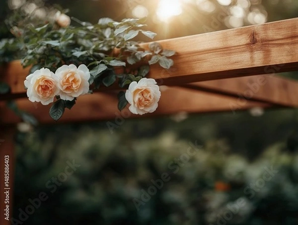 Obraz Wooden pergola covered in climbing roses, soft sunset light 