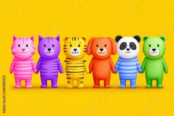 Fototapeta A colorful illustration of animals like cats, dogs, pandas, and penguins holding hands