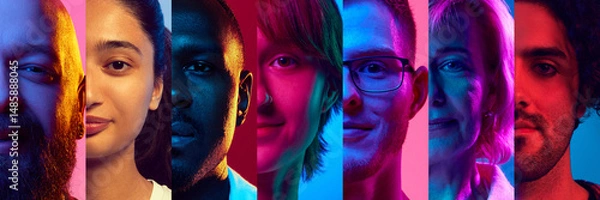 Fototapeta Collage of diverse half faces of people under neon light against colored backgrounds. Various apparent ethnicities and genders are represented. Concept of human diversity, equality, identity, neon.
