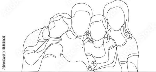 Fototapeta Happy family with two children in continuous line drawing style. United family portrait of parents with their daughter and son black linear sketch isolated on white background. Vector illustration