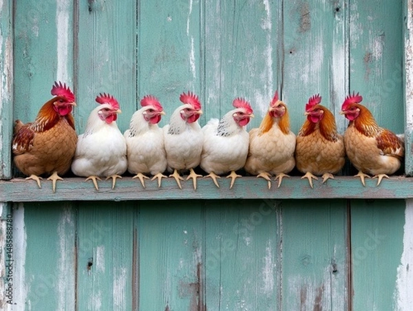 Obraz Chickens roosting in nesting boxes