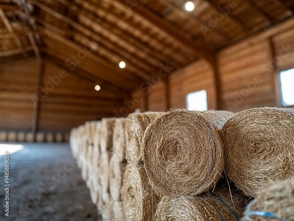 Obraz Hay bales in barn with goats nearby