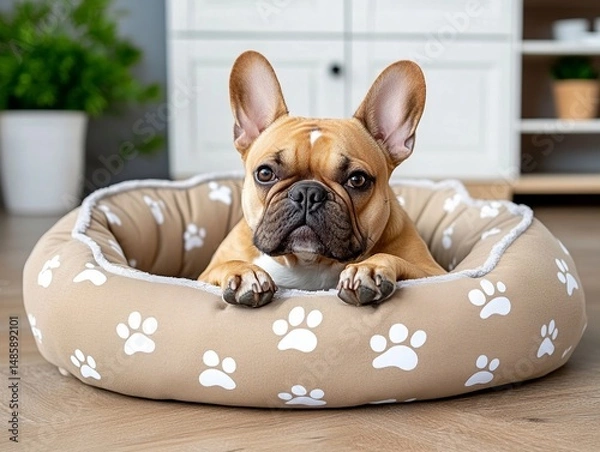 Obraz French bulldog in cozy dog bed with paw print design
