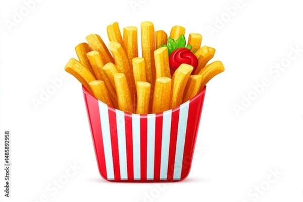 Fototapeta a 2d flat illustration of fries in a striped cone with mustard and ketchup on white background