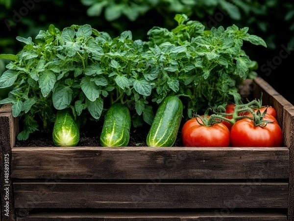 Obraz Garden bed with tomatoes, cucumbers, and herbs growing naturally