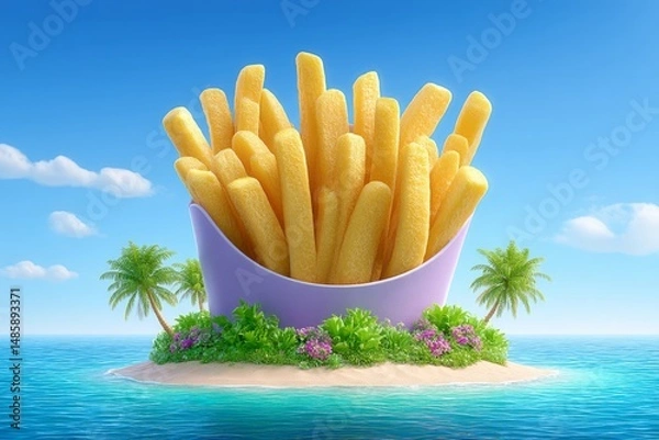 Fototapeta a 3d digital illustration of a floating french fry island with dipping pools and cartoon characters