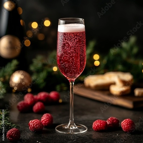 Obraz Sparkling raspberry cocktail in champagne flute, festive vibe, soft lighting