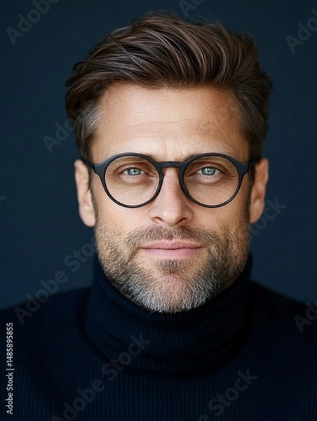 Obraz Stylish man with glasses, neutral smile, isolated headshot 
