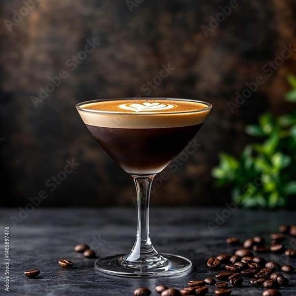 Obraz Espresso martini in elegant coupe glass, coffee beans scattered, dark moody background