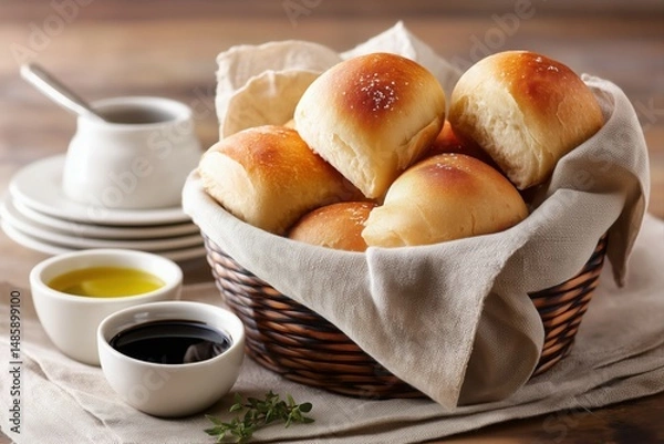 Fototapeta Basket of ciabatta rolls wrapped in a cloth napkin, served alongside a dipping bowl of olive oil and balsamic vinegar.