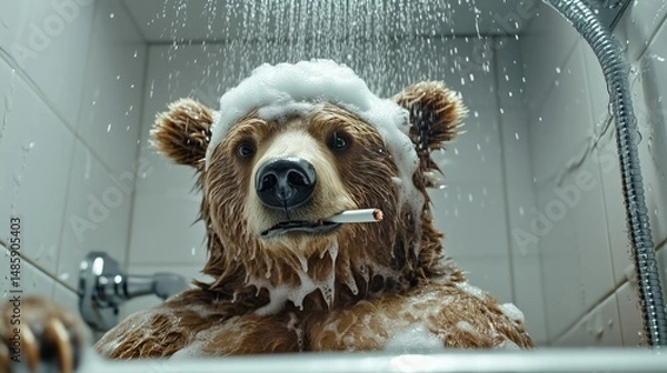 Fototapeta humorous scene of a bear taking a shower with soap foam  on its head and with a cigarette in his teeth. The scene is playful and whimsical, giving the bear a human like quality and adding a touch of h