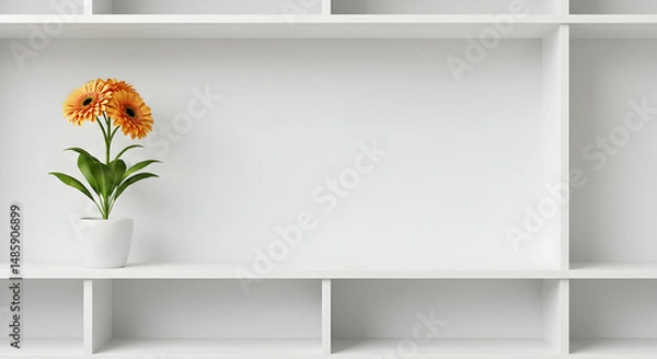 Fototapeta Gerbera daisy, Daisy, Orange flower, Orange Gerbera Daisies in White Pot on White Shelf