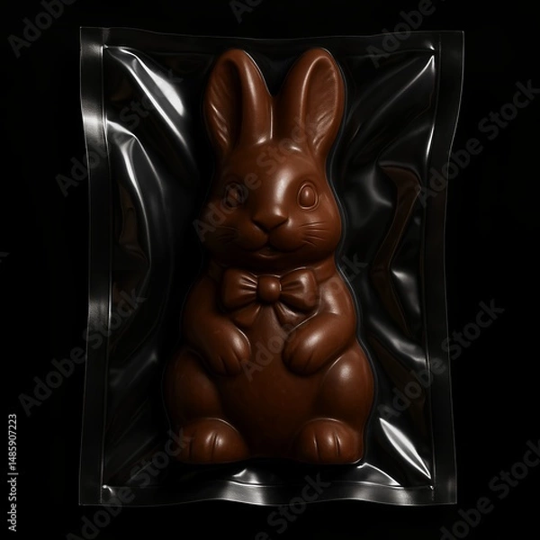 Fototapeta Vacuum packaging, chocolate hare in glossy clear plastic packaging.