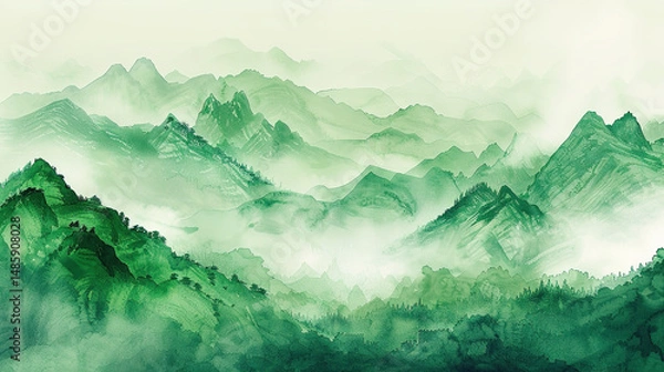 Fototapeta Embracing Spring's Serenity: A Visual Ode to Renewal – Light Green Landscapes, Misty Mountain Ranges, and Equinox Magic in Beginner's Spring Illustrations of Wilderness and Tranquil Horizons