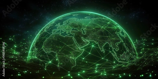 Fototapeta Digital green glowing earth model with interconnected network lines and data points representing global connectivity and technology
