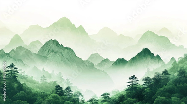 Fototapeta Embracing Spring's Serenity: A Visual Ode to Renewal – Light Green Landscapes, Misty Mountain Ranges, and Equinox Magic in Beginner's Spring Illustrations of Wilderness and Tranquil Horizons