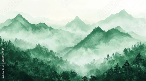 Fototapeta Embracing Spring's Serenity: A Visual Ode to Renewal – Light Green Landscapes, Misty Mountain Ranges, and Equinox Magic in Beginner's Spring Illustrations of Wilderness and Tranquil Horizons