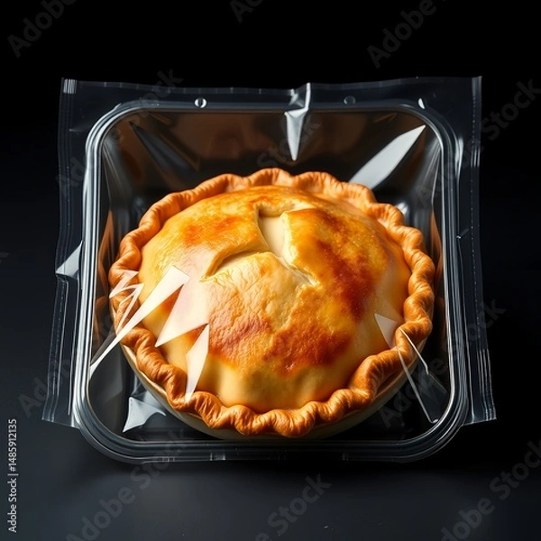 Fototapeta Vacuum packaging, apple pie in glossy clear plastic packaging.