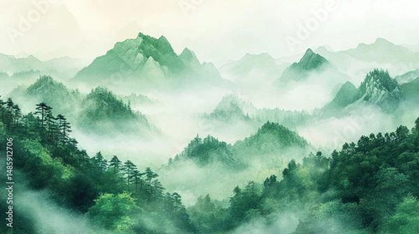 Fototapeta Embracing Spring's Serenity: A Visual Ode to Renewal – Light Green Landscapes, Misty Mountain Ranges, and Equinox Magic in Beginner's Spring Illustrations of Wilderness and Tranquil Horizons