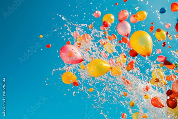 Fototapeta Close-up of a pile of multicolored water balloons glistening with droplets in the sunlight, placed on green grass 