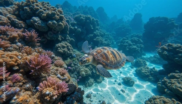 Fototapeta Majestic Sea Turtle Gracefully Swimming in Vibrant Coral Reef Underwater Paradise