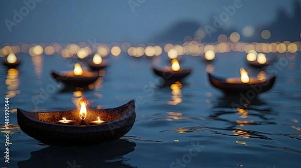 Obraz A peaceful Ganga Dussehra scene with floating earthen lamps glowing on the river at twilight.
