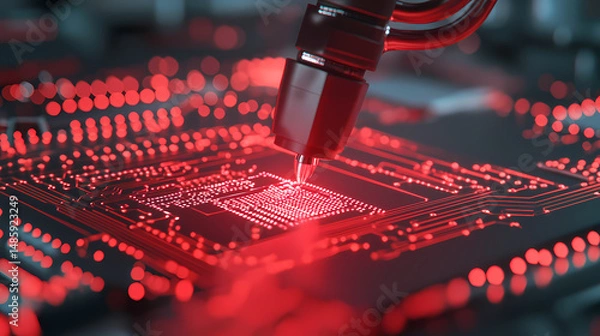 Obraz A robotic arm assembles a glowing red microchip on a circuit board, symbolizing advanced technology and electronics manufacturing.