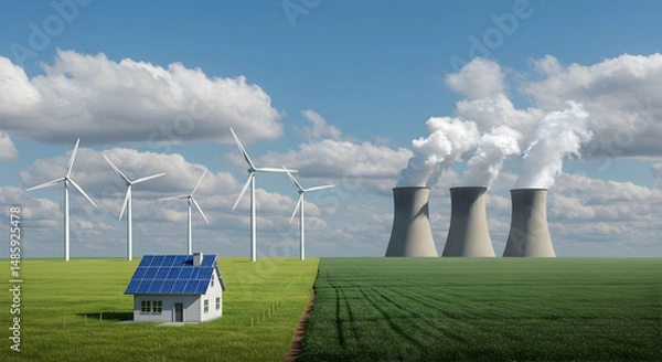 Obraz Wind turbine, Wind turbines, Solar panel, Renewable Energy vs Nuclear Power A Choice for the Future