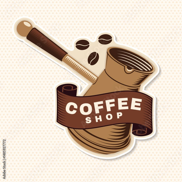 Obraz Coffee shop. Hot and aromatic. Vector illustration. Concept for cafe and restaurant logo, brand, label. Logo with copper pot with a handle for making coffee on the stove. Turkish pot of coffee