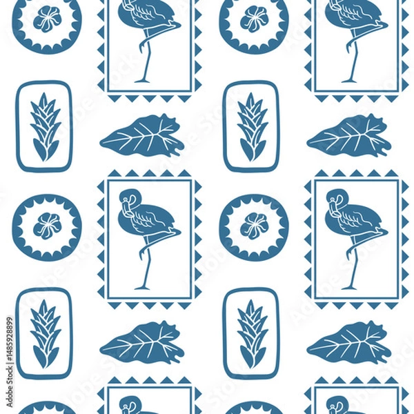 Fototapeta Monochrome blue seamless pattern with flamingo, tropical leaf, exotic flower and framed jungle motifs, ideal for fabric, wallpaper, and modern decorative projects.