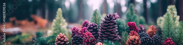 Fototapeta Macro Details of Pine Cones on Misty Forest Floor with Autumn Colors and Organic Textures