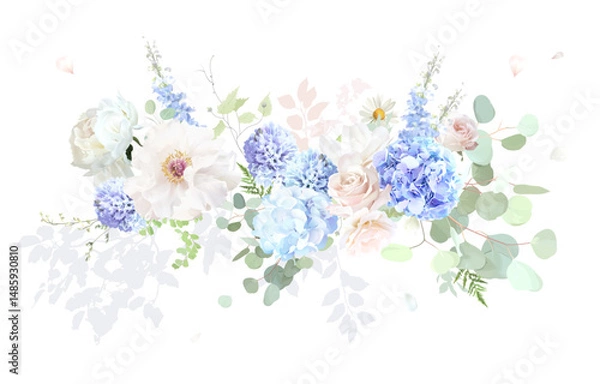 Obraz Bridgerton inspired pastel floral vector design bouquet. Blue delphinium, white peony, daisy, magnolia, pink rose, hydrangea, greenery and plants. All flowers and branches are isolated and movable.