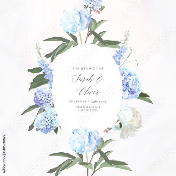 Obraz Dusty blue and purple flowers vector round frame. Hydrangea, hyacinth, delphinium, eucalyptus. Wedding spring floral. Pastel watercolor marbled background. All elements are isolated and editable