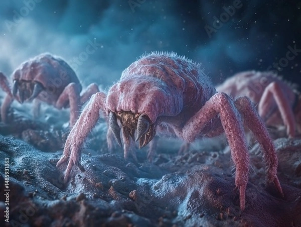 Obraz Close-up view of dust mites in their natural habitat macro photography under microscope science experiment intricate details