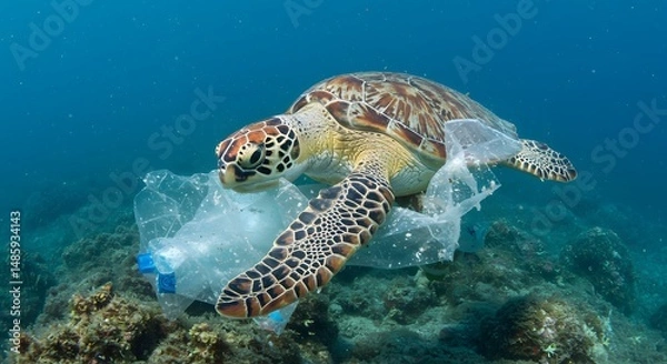 Fototapeta Sea turtle tangled in plastic underwater. Captured with GoPro Hero 11, macro setting, high clarity, center focus, no filter, ambient blue lighting from ocean depth.