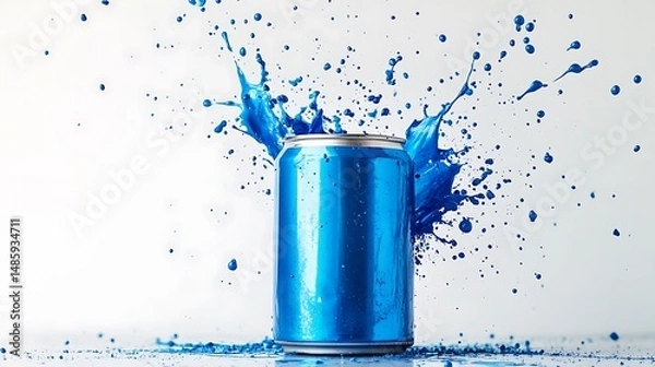 Fototapeta A can of blue paint exploding, with vibrant splashes, captured mid-air against a white backdrop.
