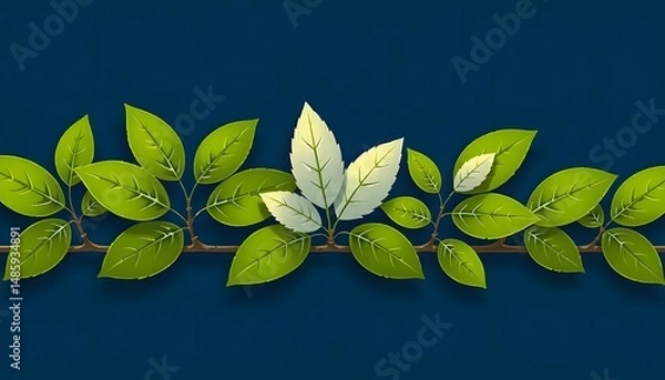 Fototapeta Green leaves on branches against a dark  blue background, with some lighter  toned leaves in the center. 