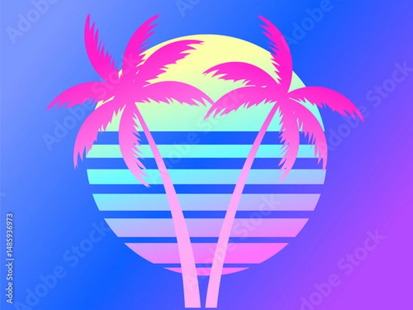 Fototapeta Two palm trees on a sunset 80s retro sci-fi style. Summer time. Futuristic sun retro wave. Design for advertising brochures, banners, posters, travel agencies. Vector illustration