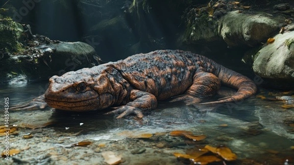 Fototapeta A rare salamander resting in a freshwater stream, background wallpaper AI generated image