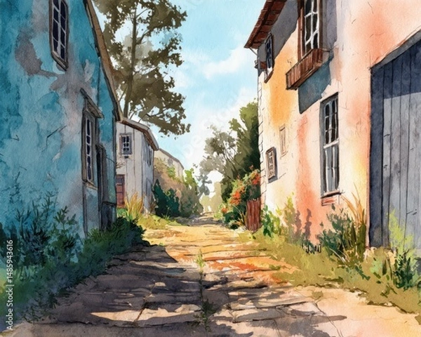 Fototapeta Exploring charming village streets coastal town watercolor art lush environment perspective view tranquility concept